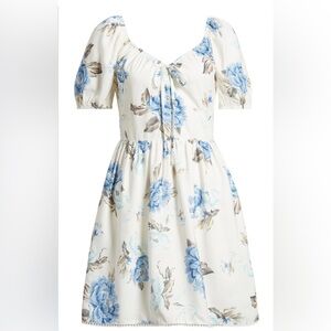 Floral Puff Sleeve Fit & Flare Dress in Blue Floral (L)